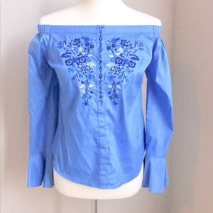 Women's xs blue floral off the shoulder embroidered top